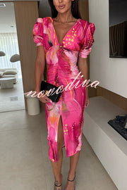 Unique Print V-Neck Puff Sleeve Slit Slim Midi Dress