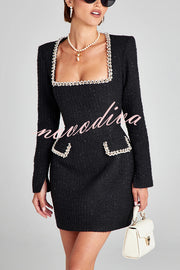 Girly and Glamorous Tweed Fabric Pearl Trim Long Slit Sleeve Pocketed Mini Dress