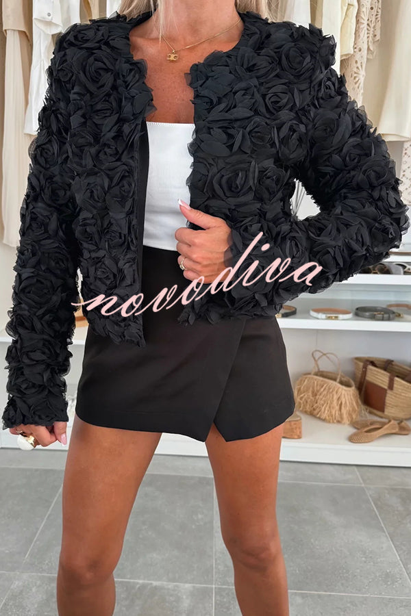 Fashionable Three-dimensional Flower Casual Long-sleeved Cropped Jacket