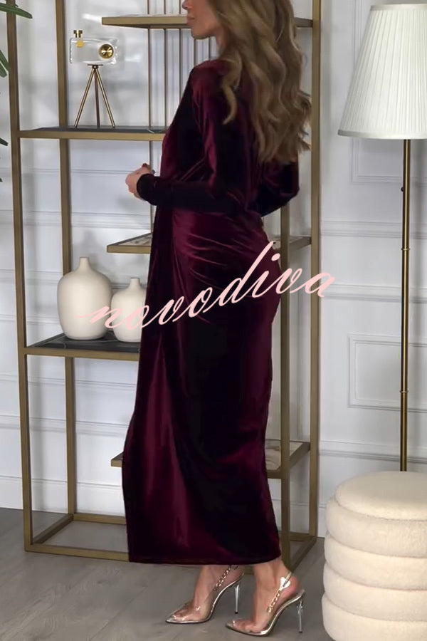 Creating Romance Velvet Ruched Drape Long Sleeve Stretch Maxi Dress