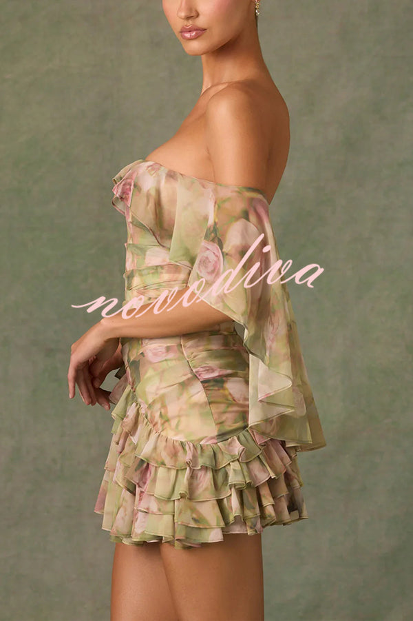 Chiffon Floral Print Elegant Multi-Layered Ruffle Mini Dress