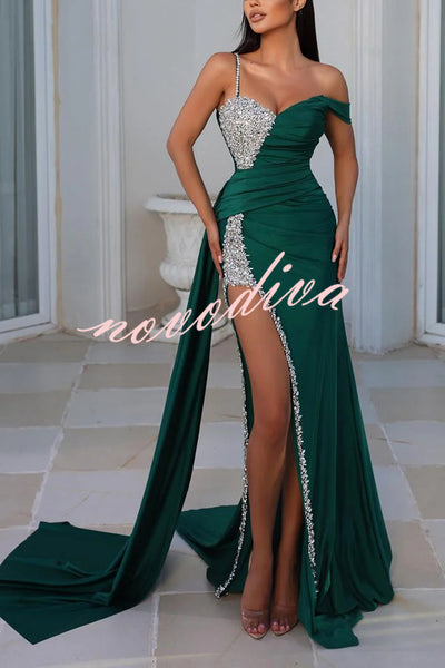 Adelynn Sequin Patchwork One Shoulder Ruched Slit Prom Maxi Dress