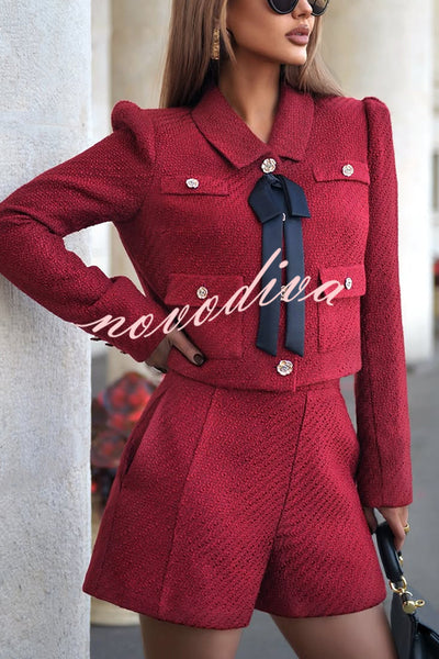 Sweet Dreams Tweed Bow Neck Button Long Sleeve Pocket Crop Jacket