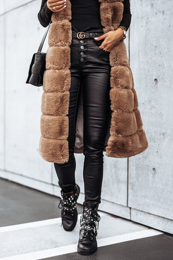 Solid Color Fur Round Neck Sleeveless Midi Vest Jacket