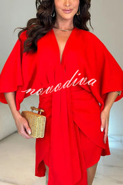 Solid Color V-Neck Half Sleeve Casual Irregular Mini Dress