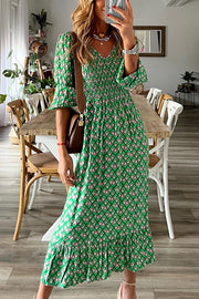 Kennan Ethnic Print Smocked Bust Long Sleeve Relaxed Midi Dress