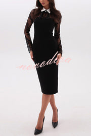 Aliya Lace Detachable Bow Collar Long Sleeve Stretch Midi Dress