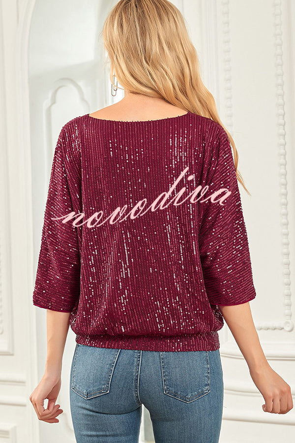 Solid Color Sequined Loose Round Neck Casual Top