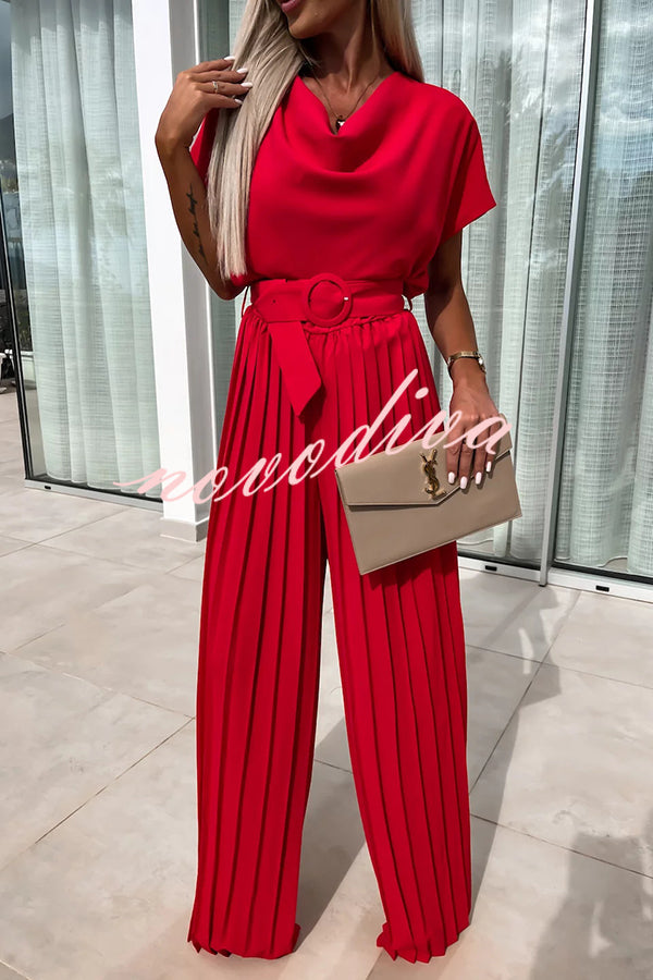Ivy Cowl Neck Short Sleeve Belt Pleated Loose Wide Leg Jumpsuit