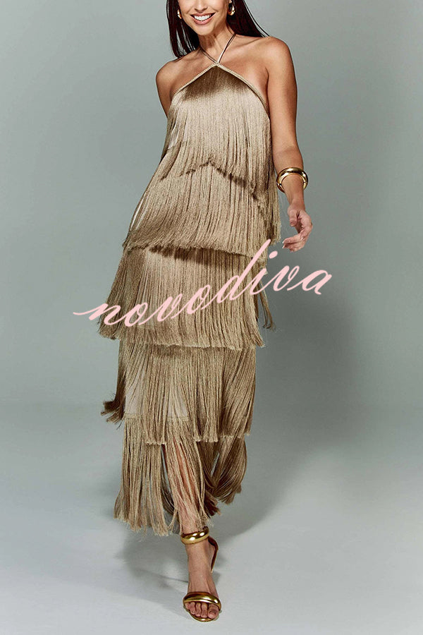 Sexy Halterneck Backless Elegant Fringe Maxi Dress