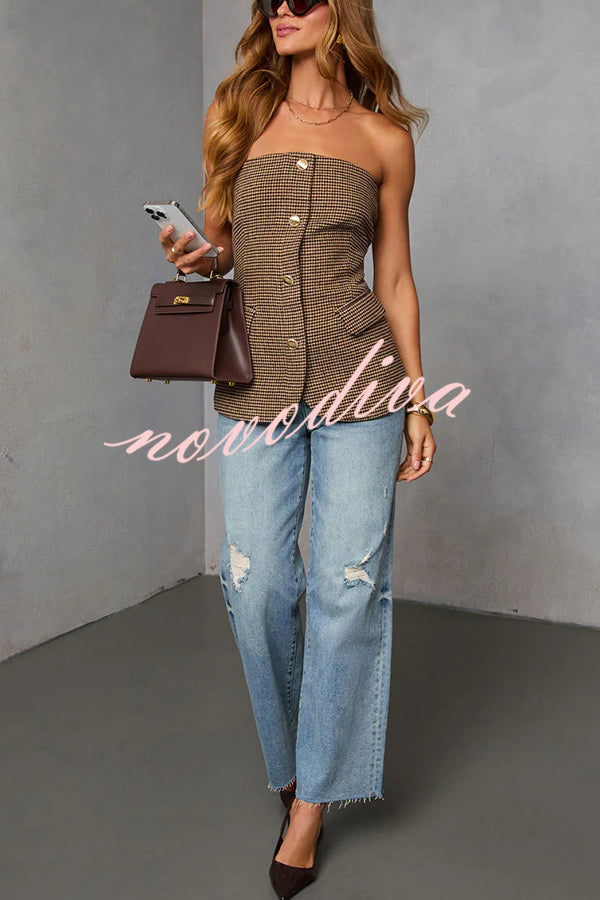 Workplace Vitality Houndstooth Off Shoulder Button Vest Top