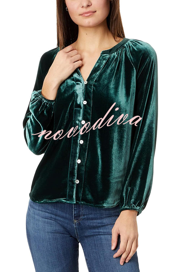 Solid Color Velvet V-neck Long-sleeved Shirt