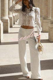 Paris Trends Floral Lace Puff Shoulder  Button Long Sleeve Blouse