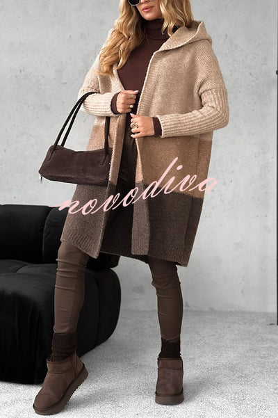Fashionable Knit Patchwork Color Long-sleeved Hooded Loose Mid-length Cardigan