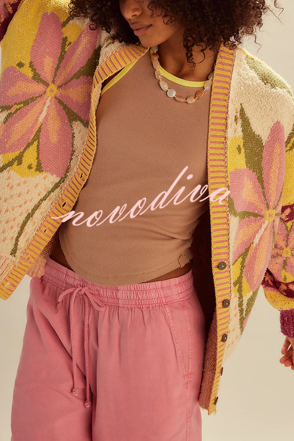 Floral Pattern Loose Long-sleeved Knitted Cardigan