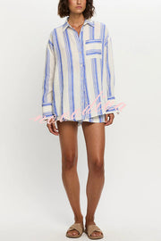 Stripe Print Lapel Long-sleeved Casual Shirt and Elastic Waist Loose Shorts Set