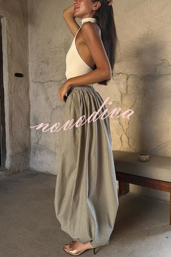 Fashion Plaid Print Elastic Waist Pocket Loose Wide-leg Pants