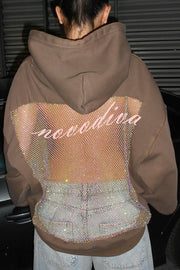 Fashionable Shiny Mesh Hollow Back Loose Long-sleeved Hooded Sweatshirt