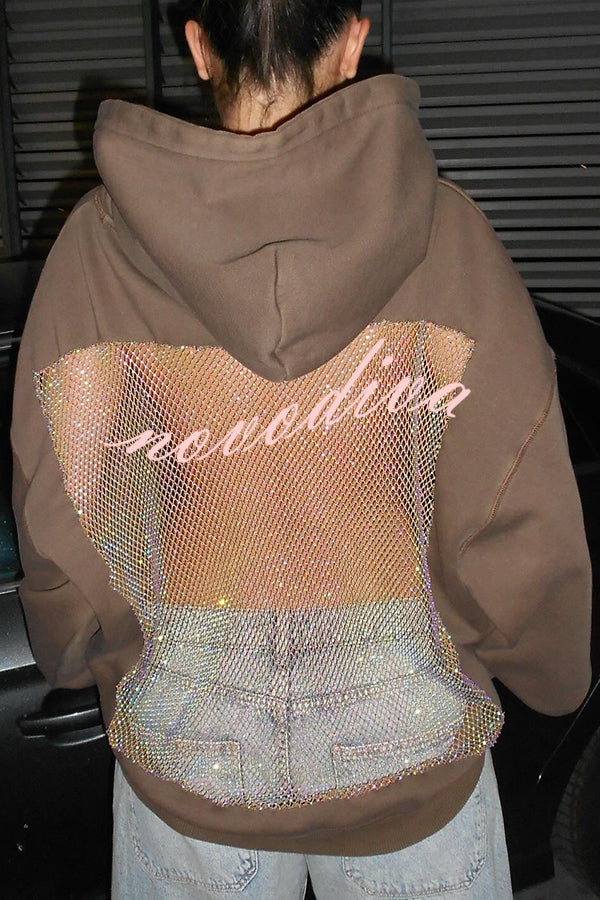 Fashionable Shiny Mesh Hollow Back Loose Long-sleeved Hooded Sweatshirt