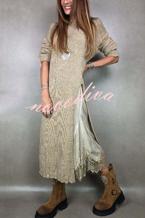 Solid Color Knitted Long-sleeved Casual Slit Midi Dress