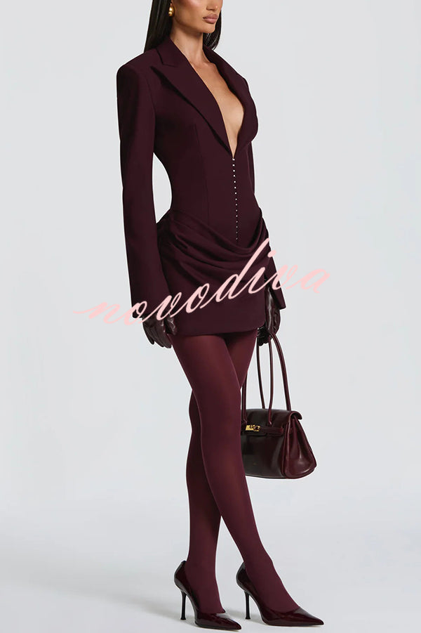 Solid Color Slim-fit V-neck Elegant Draped Formal Mini Dress