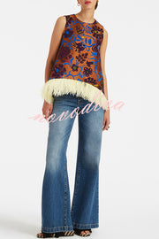 Emina Floral Feather Trim Trapezoidal Silhouette Asymmetrical Hem Top