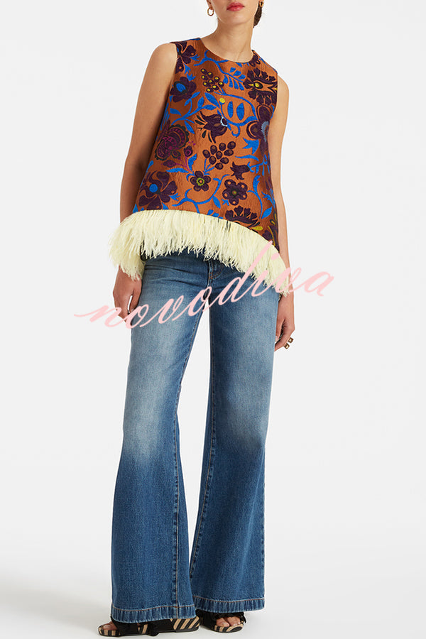 Emina Floral Feather Trim Trapezoidal Silhouette Asymmetrical Hem Top