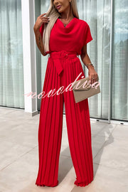 Ivy Cowl Neck Short Sleeve Belt Pleated Loose Wide Leg Jumpsuit