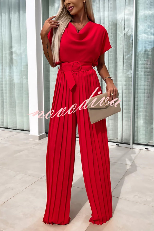 Ivy Cowl Neck Short Sleeve Belt Pleated Loose Wide Leg Jumpsuit