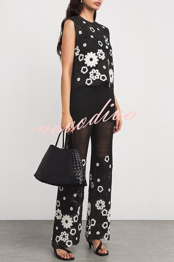 Fashionable Embroidered Hollow Crochet Sleeveless Round Neck Knitted Vest