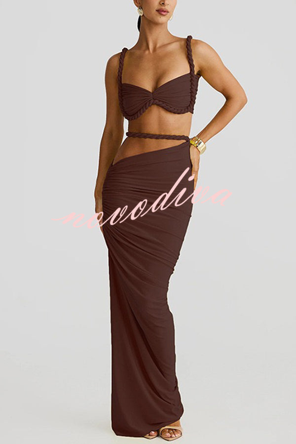 Sexy Halter Back Braided Suspender Top and Beach Holiday Style Hip-wrapped Maxi Skirt Set