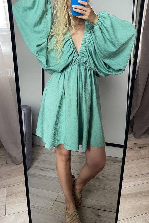 V Neck Puff Sleeve Solid Color Resort Style Mini Dress