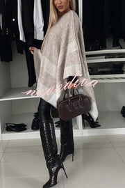 Calm and Elegant Knit Plaid Color Block Batwing Sleeve Loose Poncho