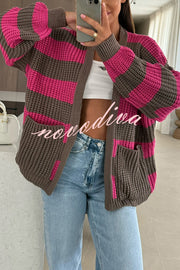 Fashionable Patchwork Striped Casual Pocket Knitted Sweater