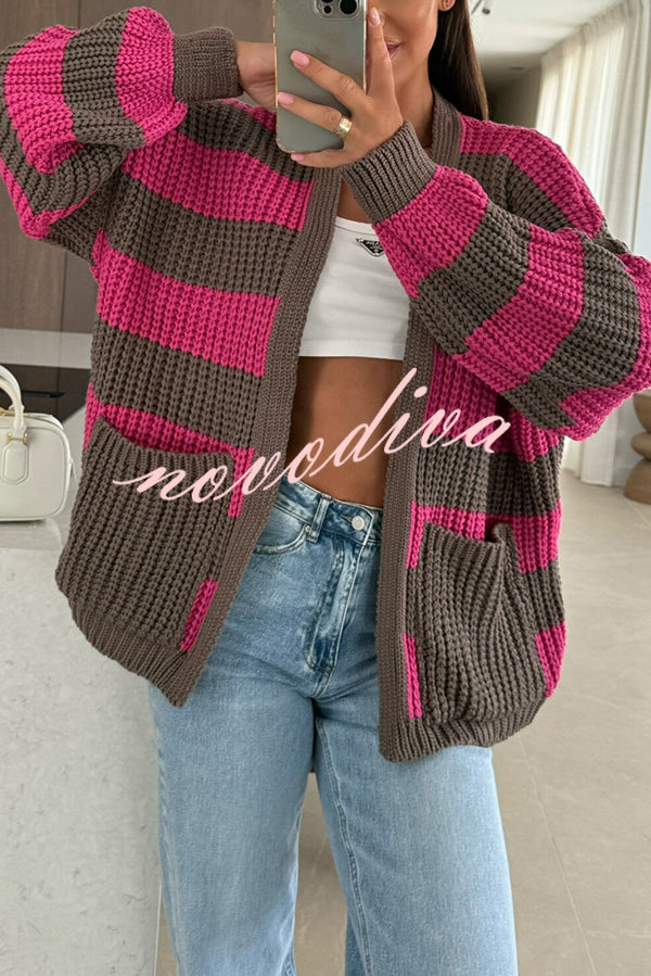 Fashionable Patchwork Striped Casual Pocket Knitted Sweater