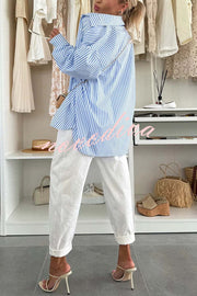 Zoie Striped Stretch Bandeau + Elastic Waist Pocket Shorts + Oversized Blouse 3 Pieces Set