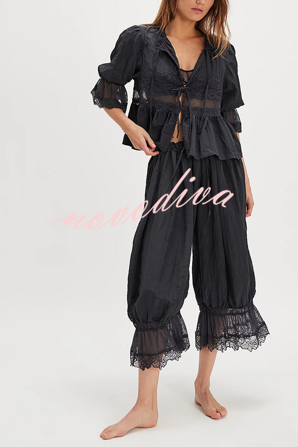 Pastoral Style Elastic Waist Lace Hem Bloomer Pants
