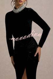 Love Lost Velvet Embellished High Neck Long Sleeve Twist Slit Maxi Dress