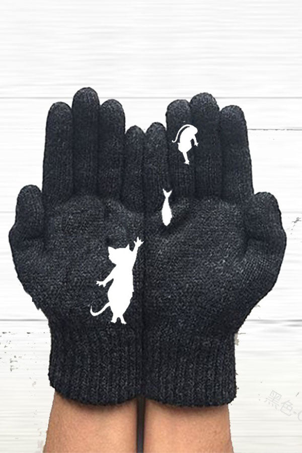 Printed Knitted Gloves Short Thickened Warm Finger Gloves-Cat