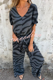 Zebra Print V-neck Short-sleeved Lace-up Top and Elastic Waist Pocket Straight-leg Pants Set