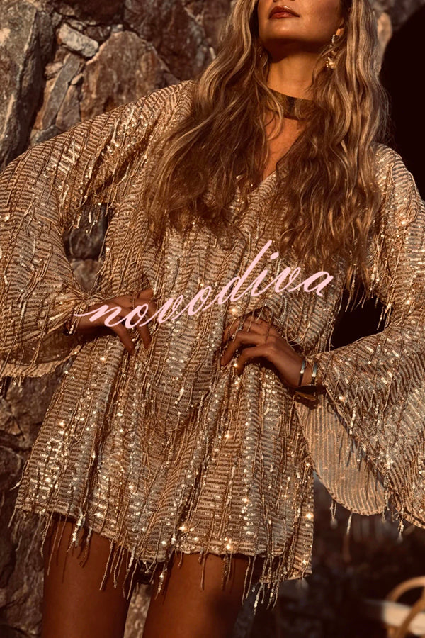 Flowing Shimmer Sequin Tassel Fabric Bell Sleeve Back Tie-up Loose Mini Dress