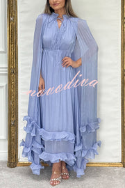 Fashionable V-neck Lace-up Ruffled Double-layer Hem Maxi Dress