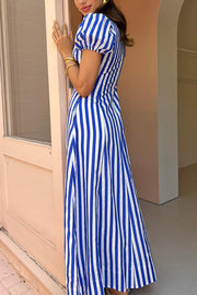 Indulge in Timeless Striped Print Puff Sleeve Pocketed Wavy Maxi Dress