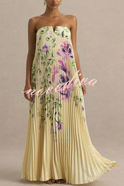 For Every Occasion Satin Pleated Floral Print V-wire Bandeau Neck Maxi Dress