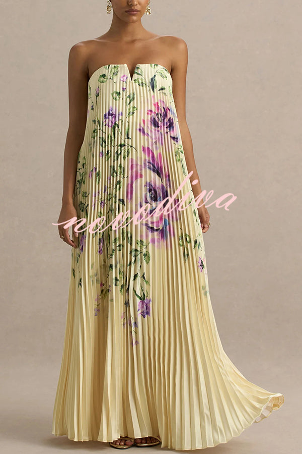 For Every Occasion Satin Pleated Floral Print V-wire Bandeau Neck Maxi Dress