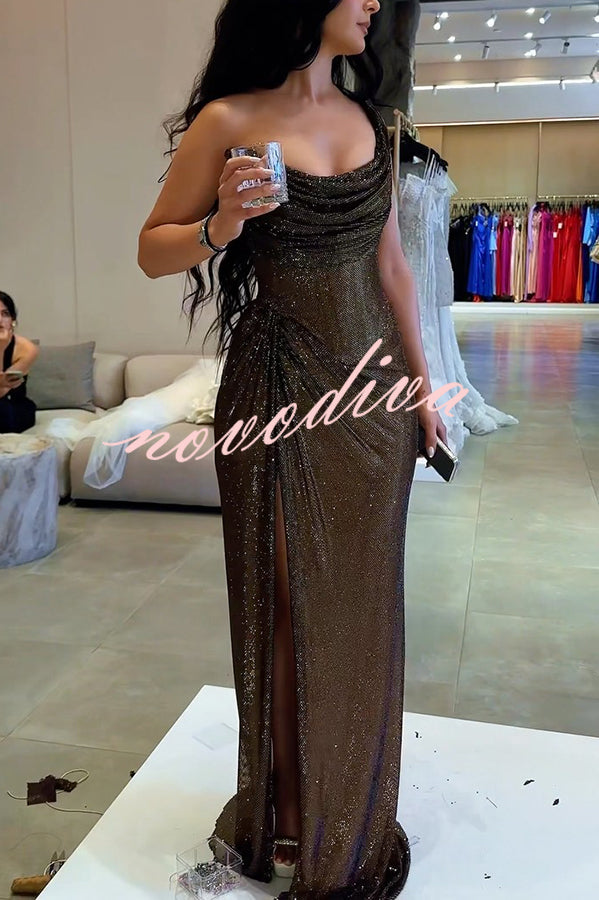 Glitzy Gala Sequin One Shoulder Ruched Slit Maxi Dress