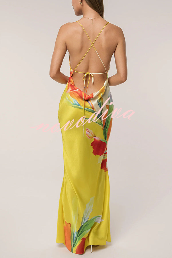 Luisa Satin Floral Print Cowl Neck Sexy Open Back Tie-up Maxi Dress