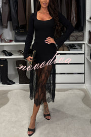 Ellie Ribbed Knit Square Neck Long Sleeve Lace Patchwork Hem Midi Dress