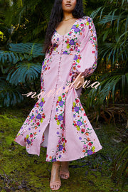 Garden Party Linen Blend Floral Print Button Balloon Sleeve Pocketed Maxi Dress