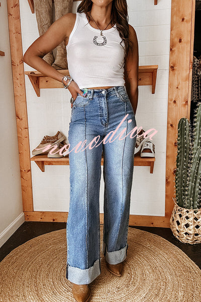 Fashion High Waist Pocket Casual Straight Jeans